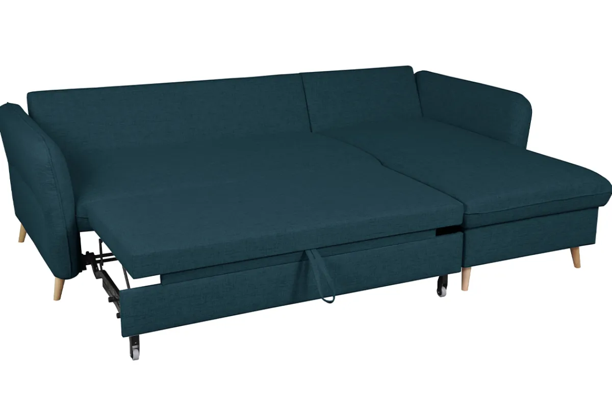 Miliboo Schlaf-Ecksofa mit Stauraum 3/4-Sitzer ozeanblauer Stoff und helles Holz DRISS* Schlafsofas|Ecksofas