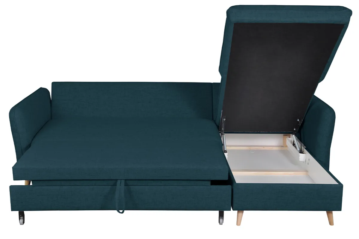 Miliboo Schlaf-Ecksofa mit Stauraum 3/4-Sitzer ozeanblauer Stoff und helles Holz DRISS* Schlafsofas|Ecksofas