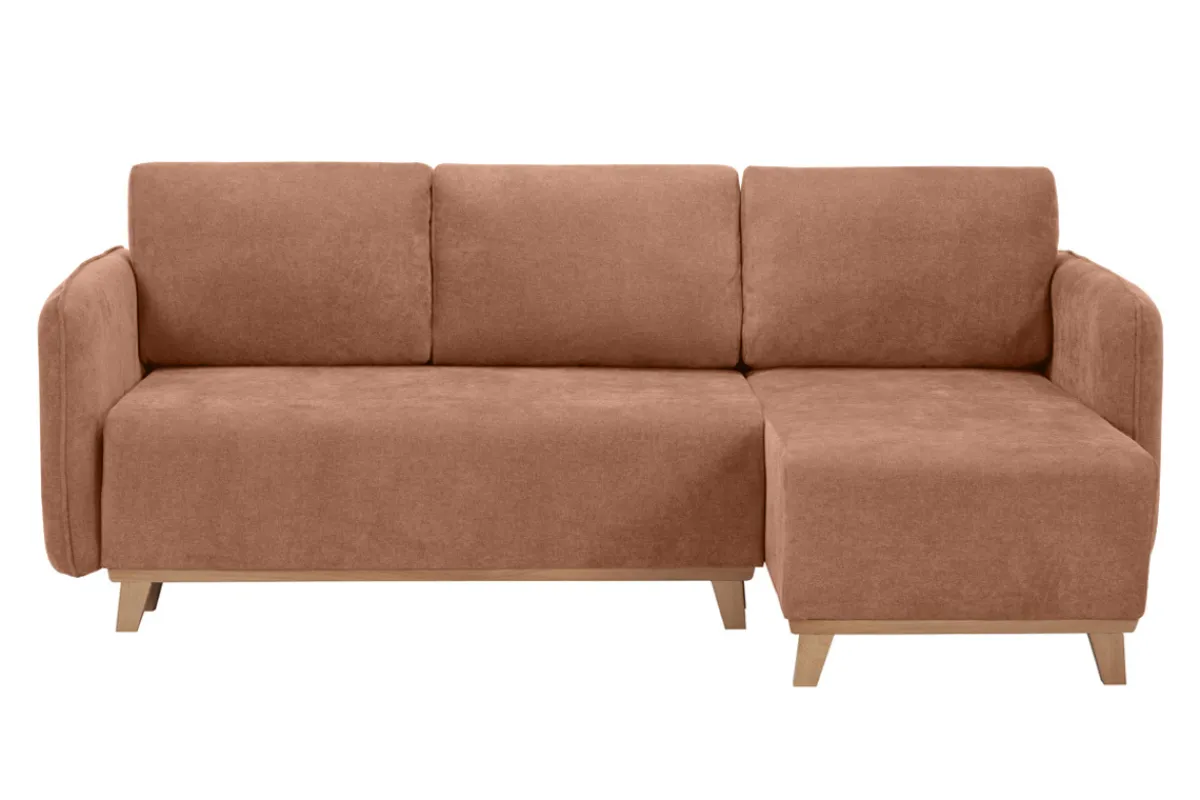 Miliboo Schlaf-Ecksofa modulierbar terracottafarbener Stoff mit Velours-Effekt und helles Holz 3-4 Sitzer ROMANE* Ecksofas