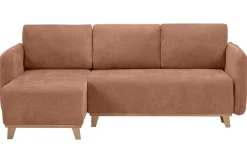 Miliboo Schlaf-Ecksofa modulierbar terracottafarbener Stoff mit Velours-Effekt und helles Holz 3-4 Sitzer ROMANE* Ecksofas