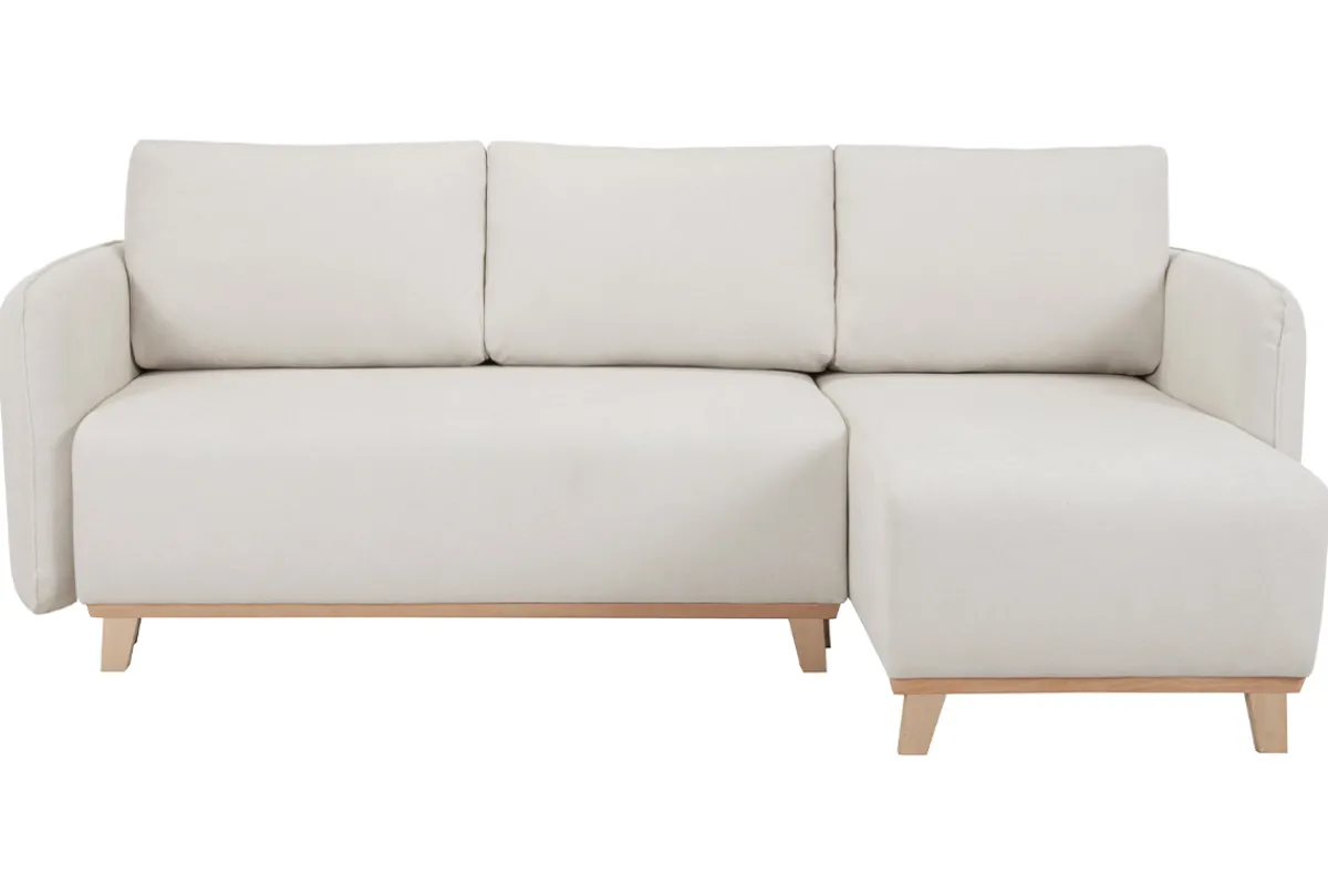 Miliboo Schlaf-Ecksofa modulierbar beiger Stoff mit Velours-Effekt und helles Holz 3-4 Sitzer ROMANE* Schlafsofas|Ecksofas