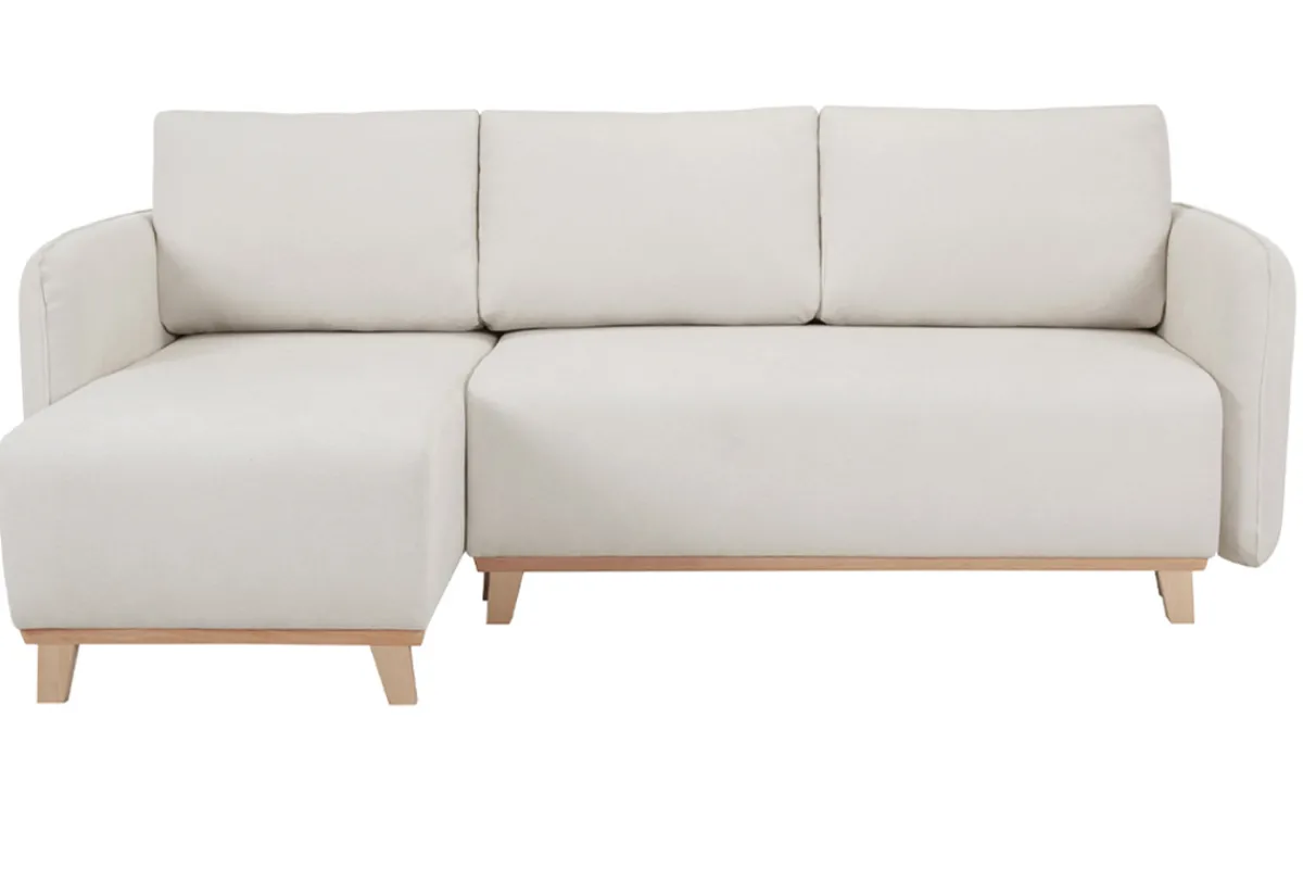 Miliboo Schlaf-Ecksofa modulierbar beiger Stoff mit Velours-Effekt und helles Holz 3-4 Sitzer ROMANE* Schlafsofas|Ecksofas