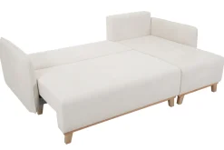 Miliboo Schlaf-Ecksofa modulierbar beiger Stoff mit Velours-Effekt und helles Holz 3-4 Sitzer ROMANE* Schlafsofas|Ecksofas