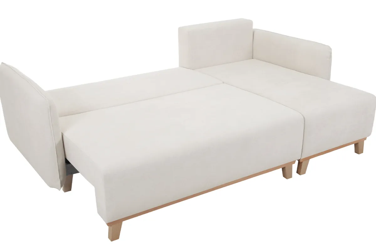 Miliboo Schlaf-Ecksofa modulierbar beiger Stoff mit Velours-Effekt und helles Holz 3-4 Sitzer ROMANE* Schlafsofas|Ecksofas
