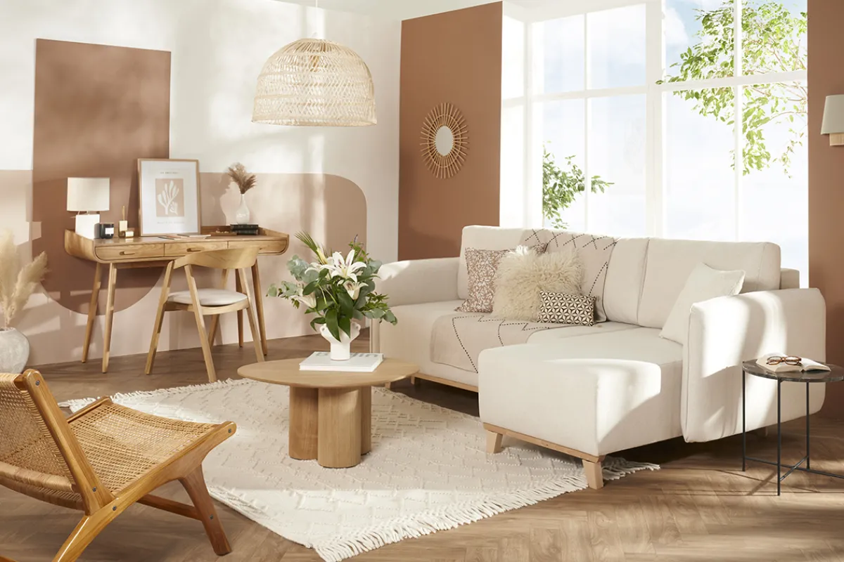 Miliboo Schlaf-Ecksofa modulierbar beiger Stoff mit Velours-Effekt und helles Holz 3-4 Sitzer ROMANE* Schlafsofas|Ecksofas