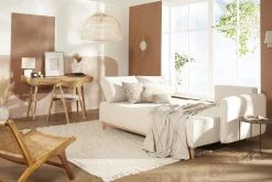 Miliboo Schlaf-Ecksofa modulierbar beiger Stoff mit Velours-Effekt und helles Holz 3-4 Sitzer ROMANE* Schlafsofas|Ecksofas