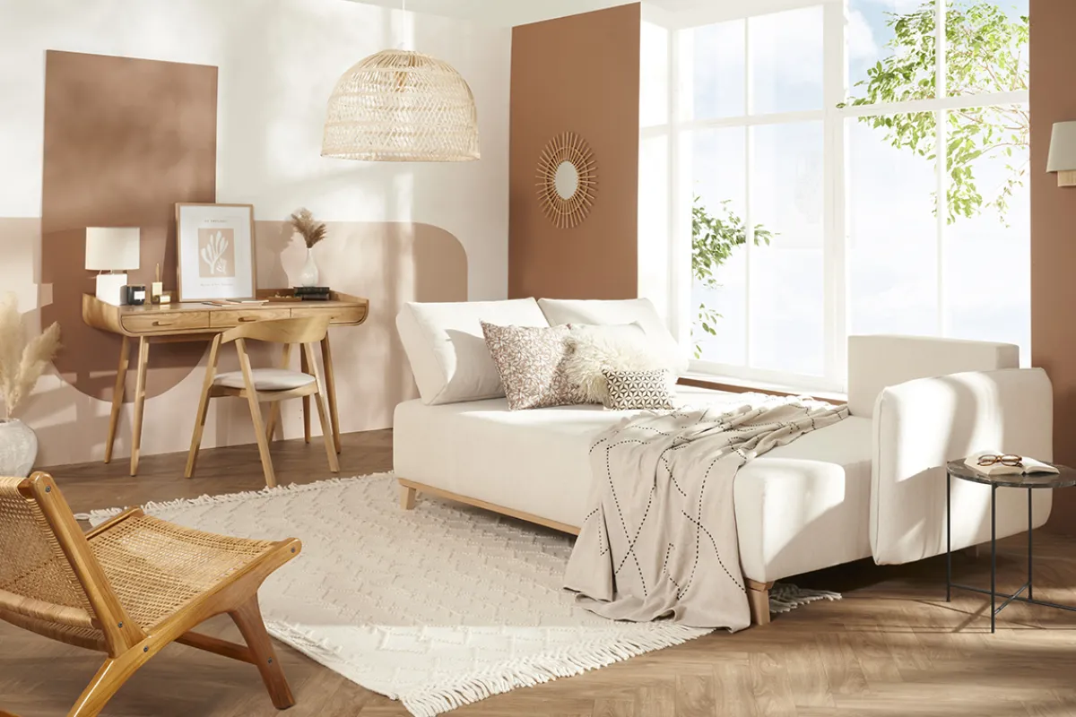 Miliboo Schlaf-Ecksofa modulierbar beiger Stoff mit Velours-Effekt und helles Holz 3-4 Sitzer ROMANE* Schlafsofas|Ecksofas