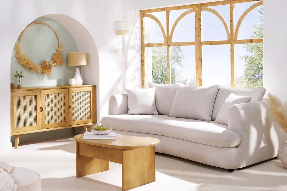 Miliboo Schlafsofa 3-4 Sitzer in hellbeigem Stoff mit Samteffekt und abziehbarem Bezug SACHA* Schlafsofas
