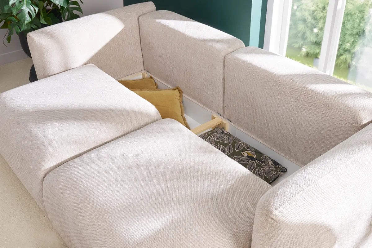 Miliboo Schlafsofa mit Bettkasten aus beigem Chenille-Veloursstoff 4-Sitzer CRUSH* Schlafsofas