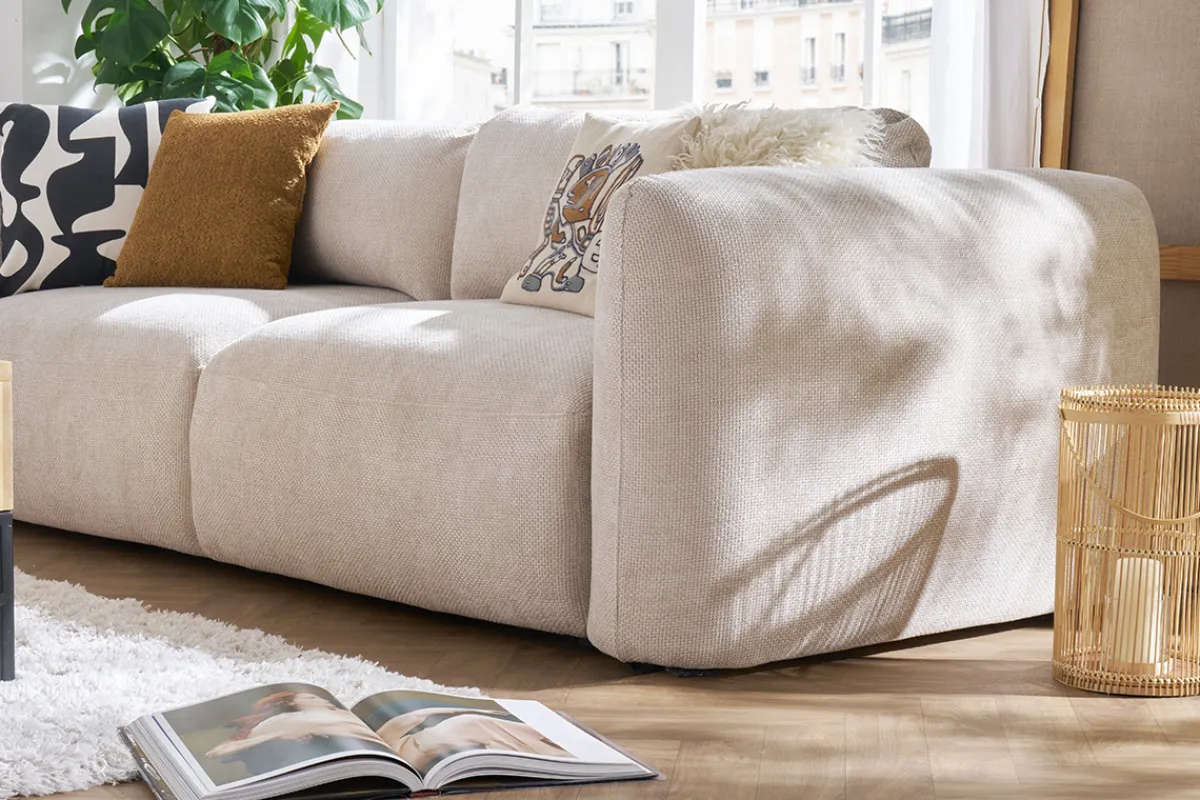 Miliboo Schlafsofa mit Bettkasten aus beigem Chenille-Veloursstoff 4-Sitzer CRUSH* Schlafsofas