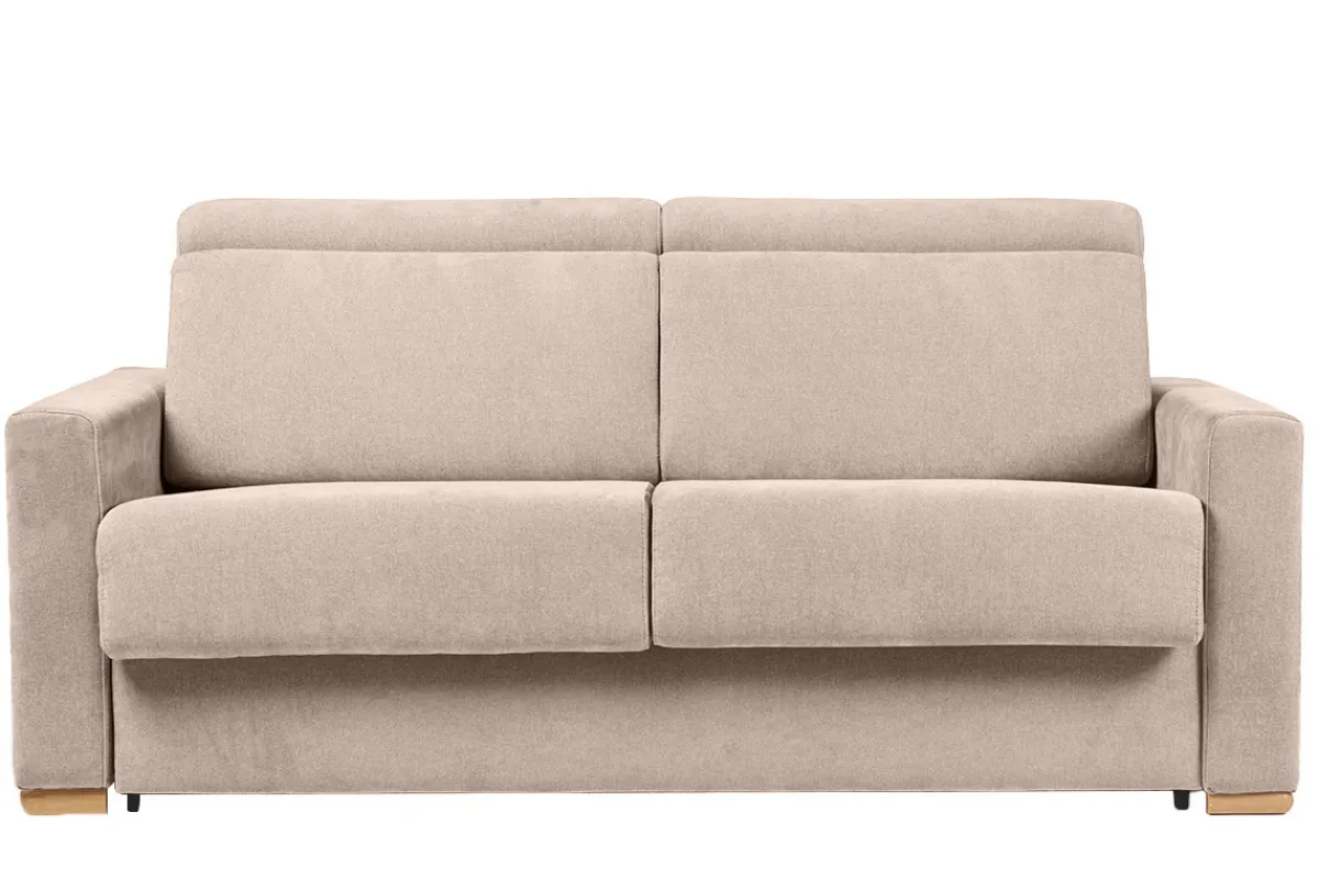 Miliboo Schlafsofa mit verstellbaren Kopfstützen für 3 Personen in beige-samtigem Effektgewebe mit einer Matratze von 18 cm NORO* Schlafsofas