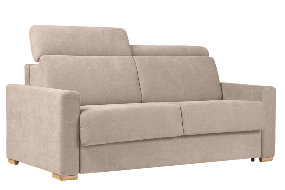 Miliboo Schlafsofa mit verstellbaren Kopfstützen für 3 Personen in beige-samtigem Effektgewebe mit einer Matratze von 18 cm NORO* Schlafsofas