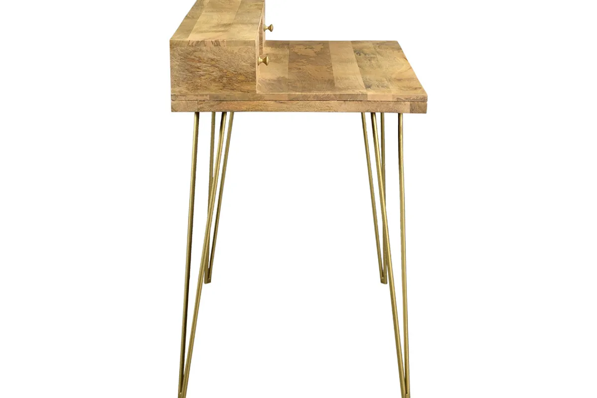 Miliboo Schreibtisch aus massivem, eingraviertem Mangoholz und vergoldetem Metall B115 cm LINIUM* Design-schreibtische