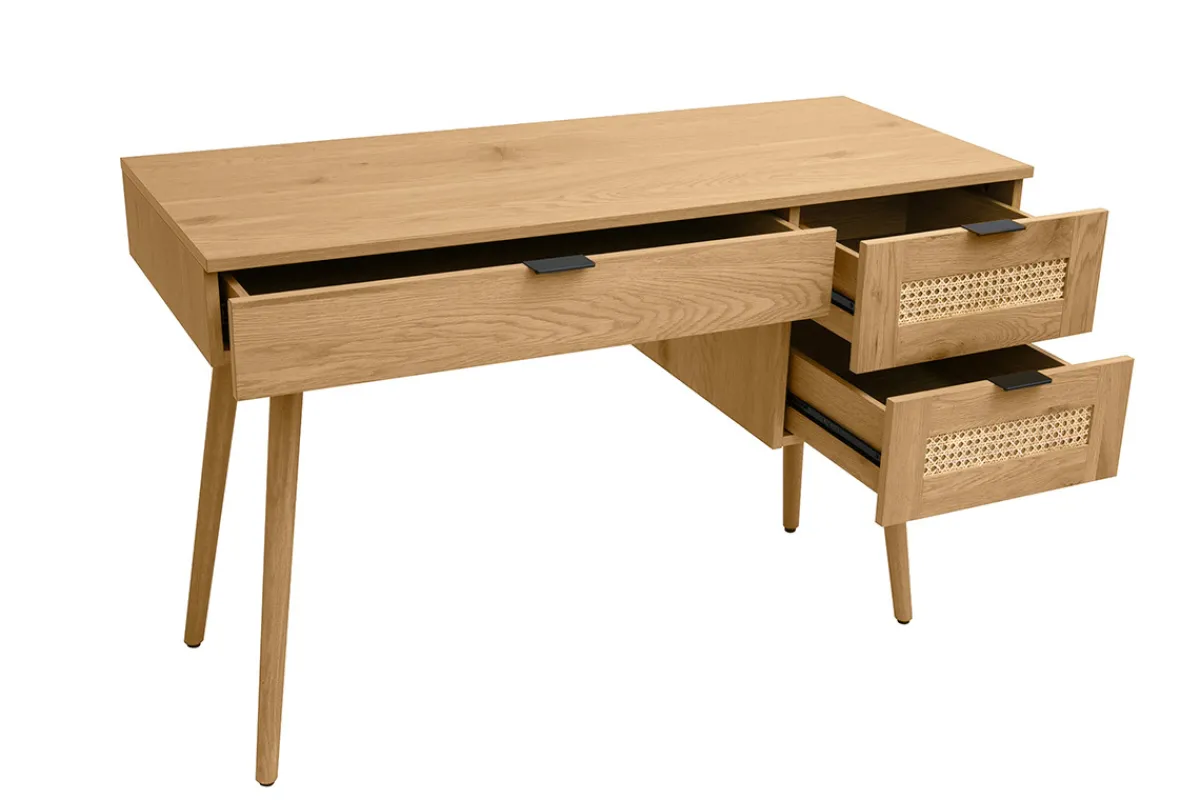 Miliboo Schreibtisch in heller Holzoptik, mit Rattan und schwarzem Metall, 3 Schubladen L120 cm MANILLE* Design-schreibtische
