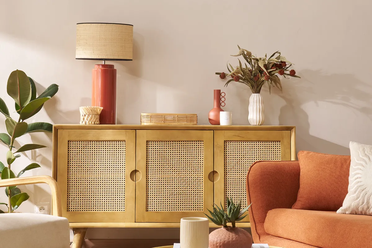 Miliboo Sideboard aus Mangoholz und Rattangeflecht 3 Türen B145 cm LAKA* Sideboards
