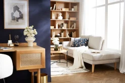 Miliboo Skandinavische Chaiselongue aus graugrünem Stoff und hellem Massivholz B190 cm BERTILLE* Design-sofas