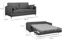 Miliboo Skandinavische Schlafcouch aus anthrazitgrauem Stoff und hellem Holz mit Matratze Dicke 10cm 3-Sitzer PAPEL* Schlafsofas