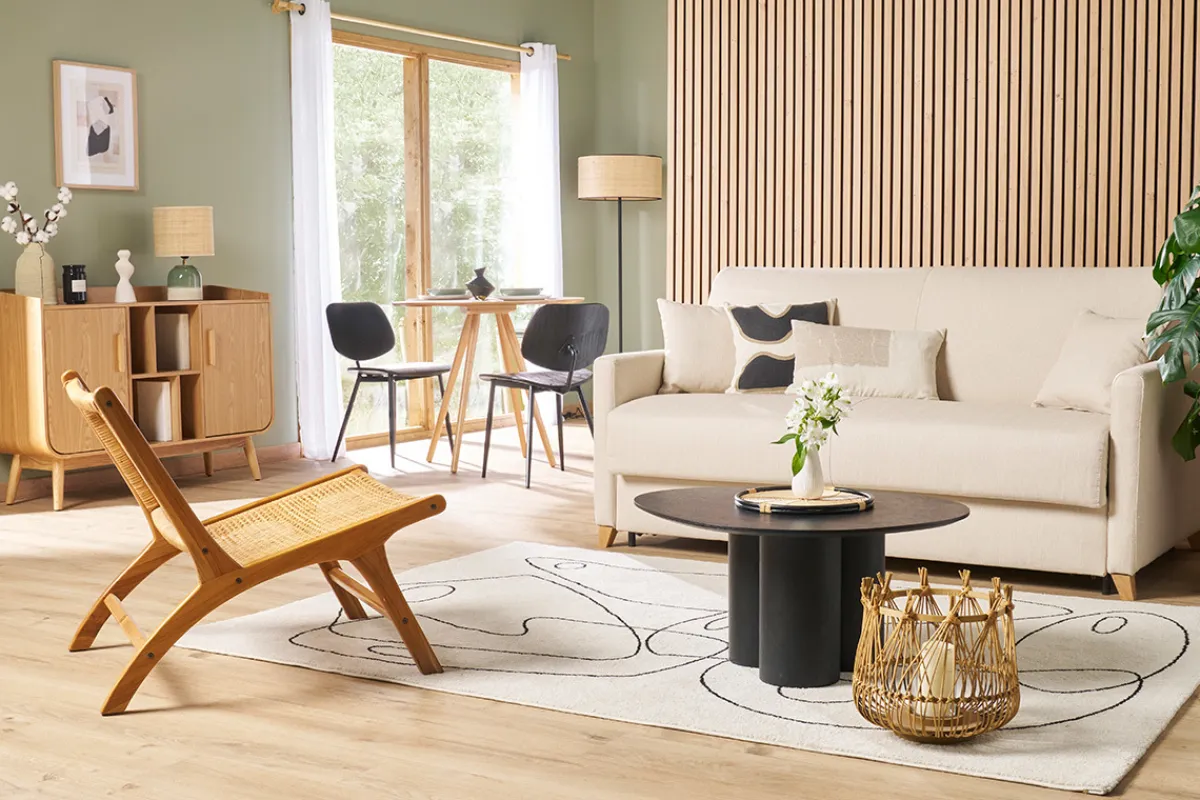 Miliboo Skandinavische Schlafcouch beige mit Matratze 18 cm 3-Sitzer SKANDY* Schlafsofas