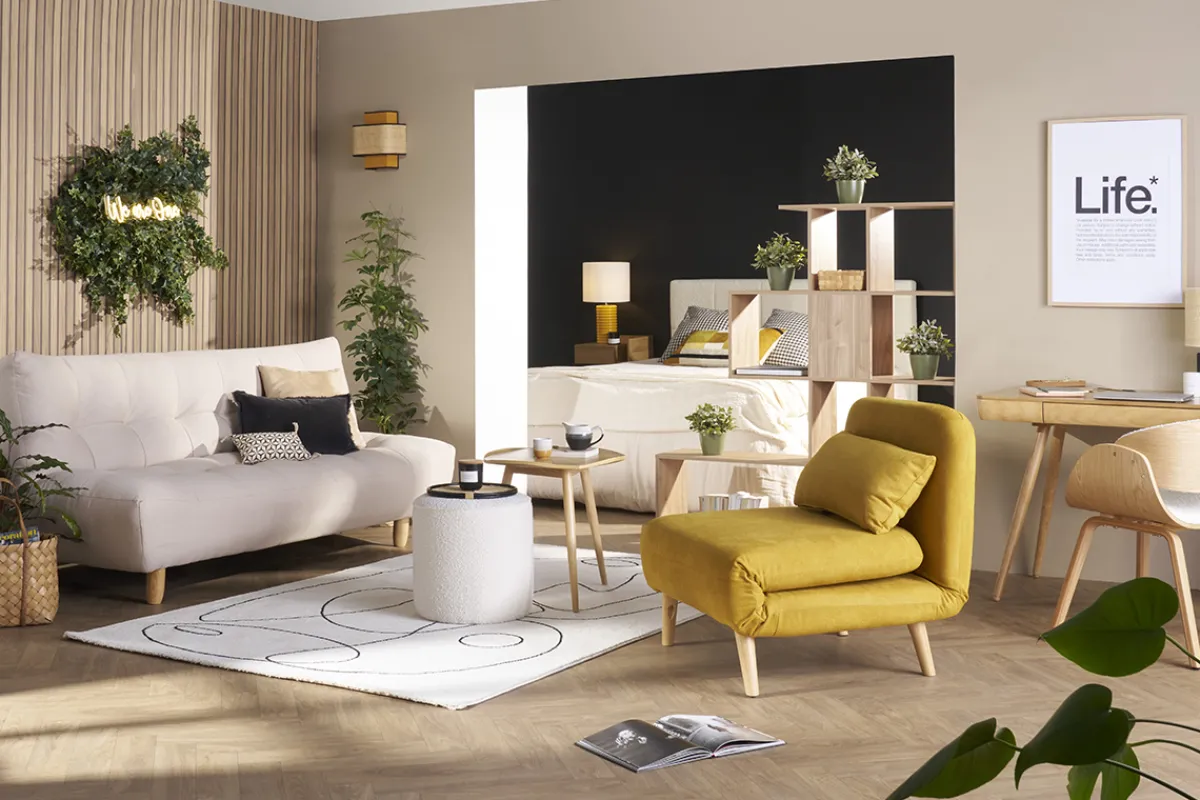 Miliboo Skandinavischer Schlafsessel mit senfgelbem Stoffbezug AMIKO* Design-sessel|Schlafsessel