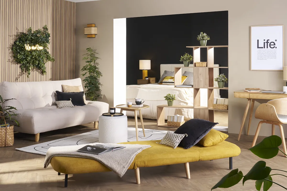 Miliboo Skandinavischer Schlafsessel mit senfgelbem Stoffbezug AMIKO* Design-sessel|Schlafsessel