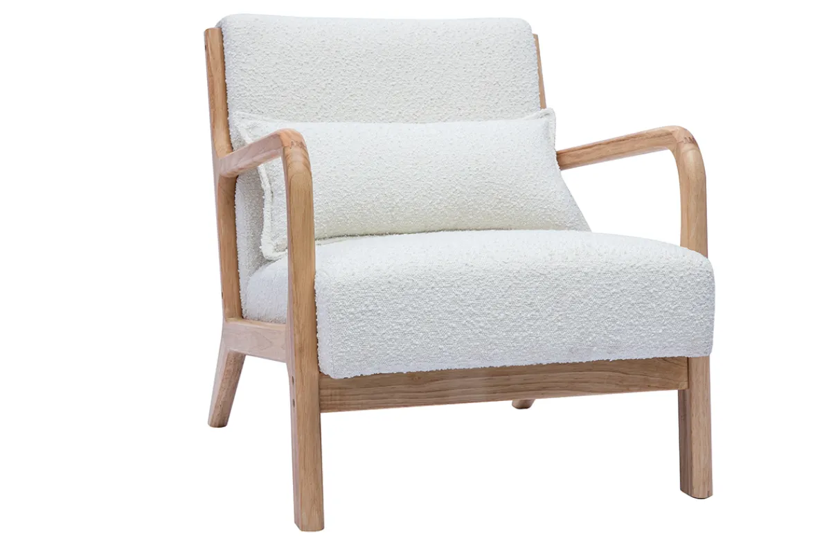 Miliboo Skandinavischer Sessel aus weißem Stoff mit Bouclé-Wolleffekt und hellem Massivholz DERRY* Design-sessel|Sessel