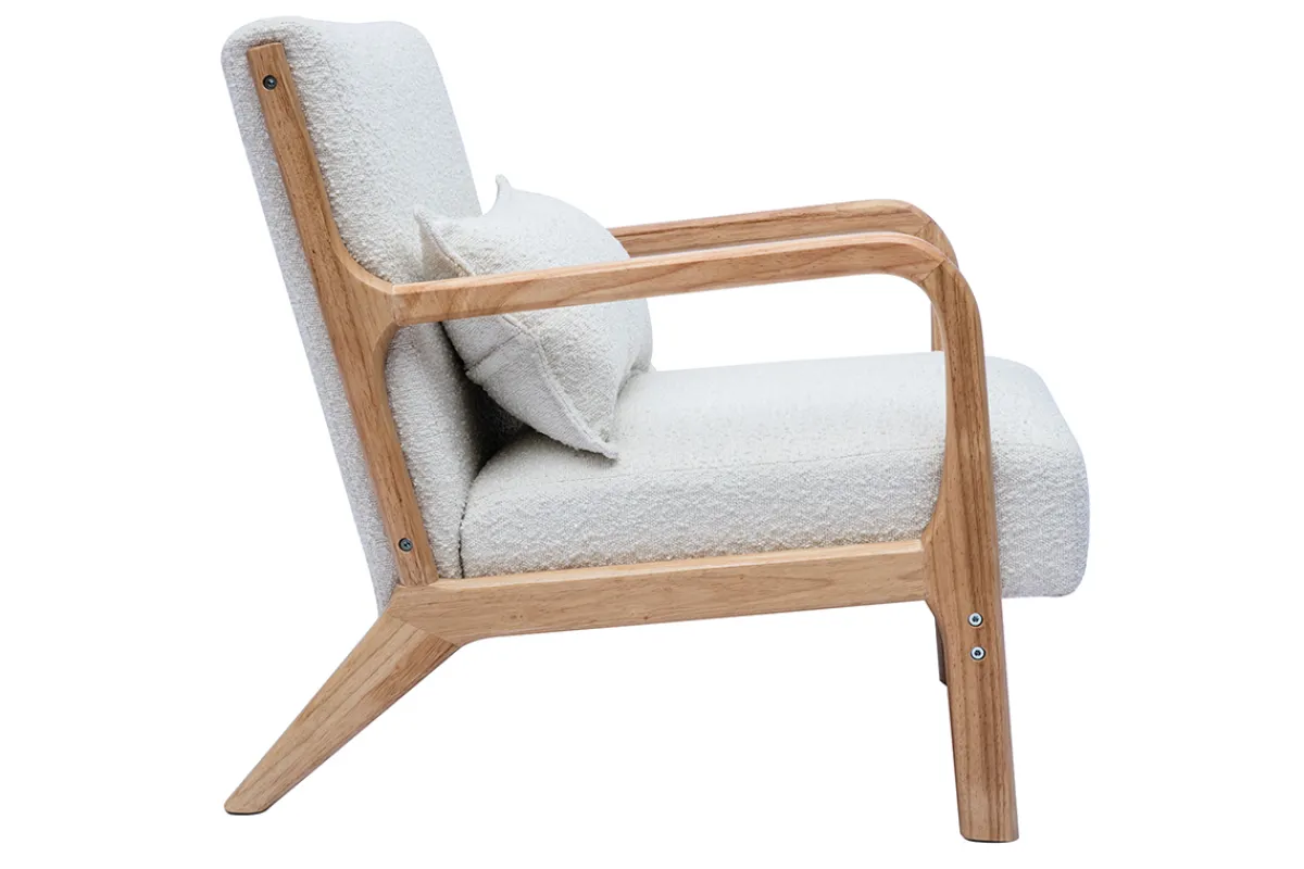 Miliboo Skandinavischer Sessel aus weißem Stoff mit Bouclé-Wolleffekt und hellem Massivholz DERRY* Design-sessel|Sessel