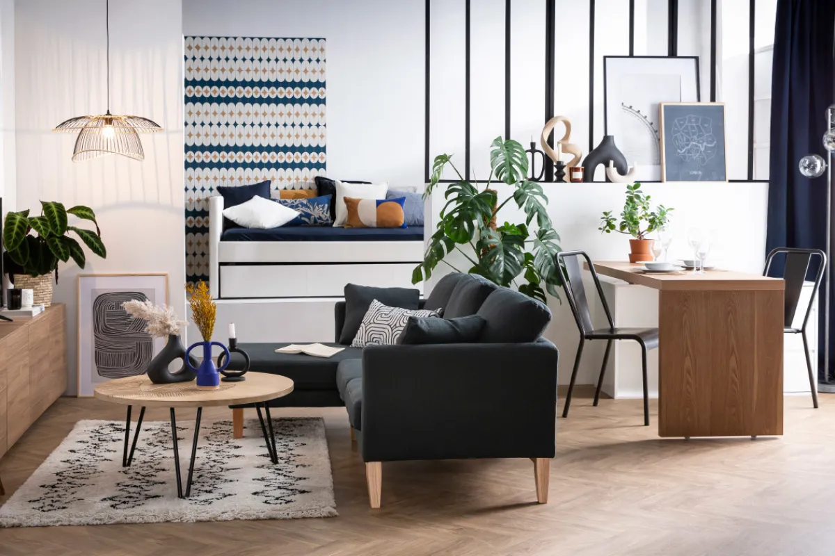 Miliboo Skandinavisches Ecksofa links OSLO aus lagunengrünem, abziehbarem Stoff* Ecksofas