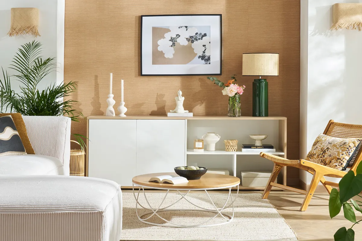 Miliboo Skandinavisches niedriges Sideboard in Weiß und hellem Holz aus massiver Eiche B190 cm EZIA* Bücherregale|Bücherregale