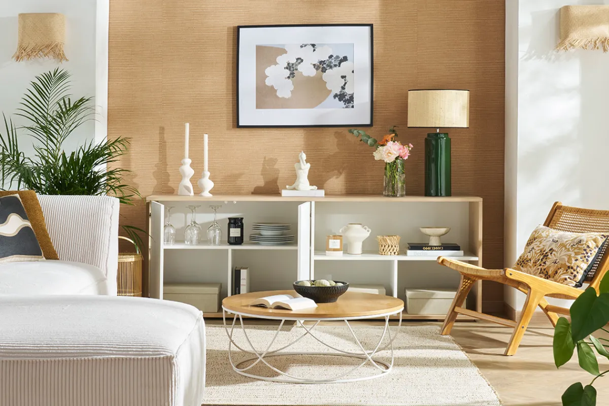 Miliboo Skandinavisches niedriges Sideboard in Weiß und hellem Holz aus massiver Eiche B190 cm EZIA* Bücherregale|Bücherregale