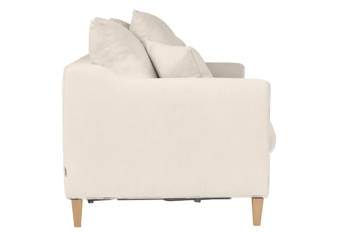 Miliboo Skandinavisches Schlafsofa aus beigem Stoff mit Samteffekt und hellem Holz 3-Sitzer LOUISE* Schlafsofas