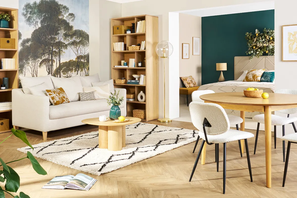 Miliboo Skandinavisches Schlafsofa aus beigem Stoff mit Samteffekt und hellem Holz 3-Sitzer LOUISE* Schlafsofas