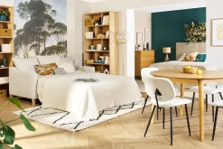 Miliboo Skandinavisches Schlafsofa aus beigem Stoff mit Samteffekt und hellem Holz 3-Sitzer LOUISE* Schlafsofas