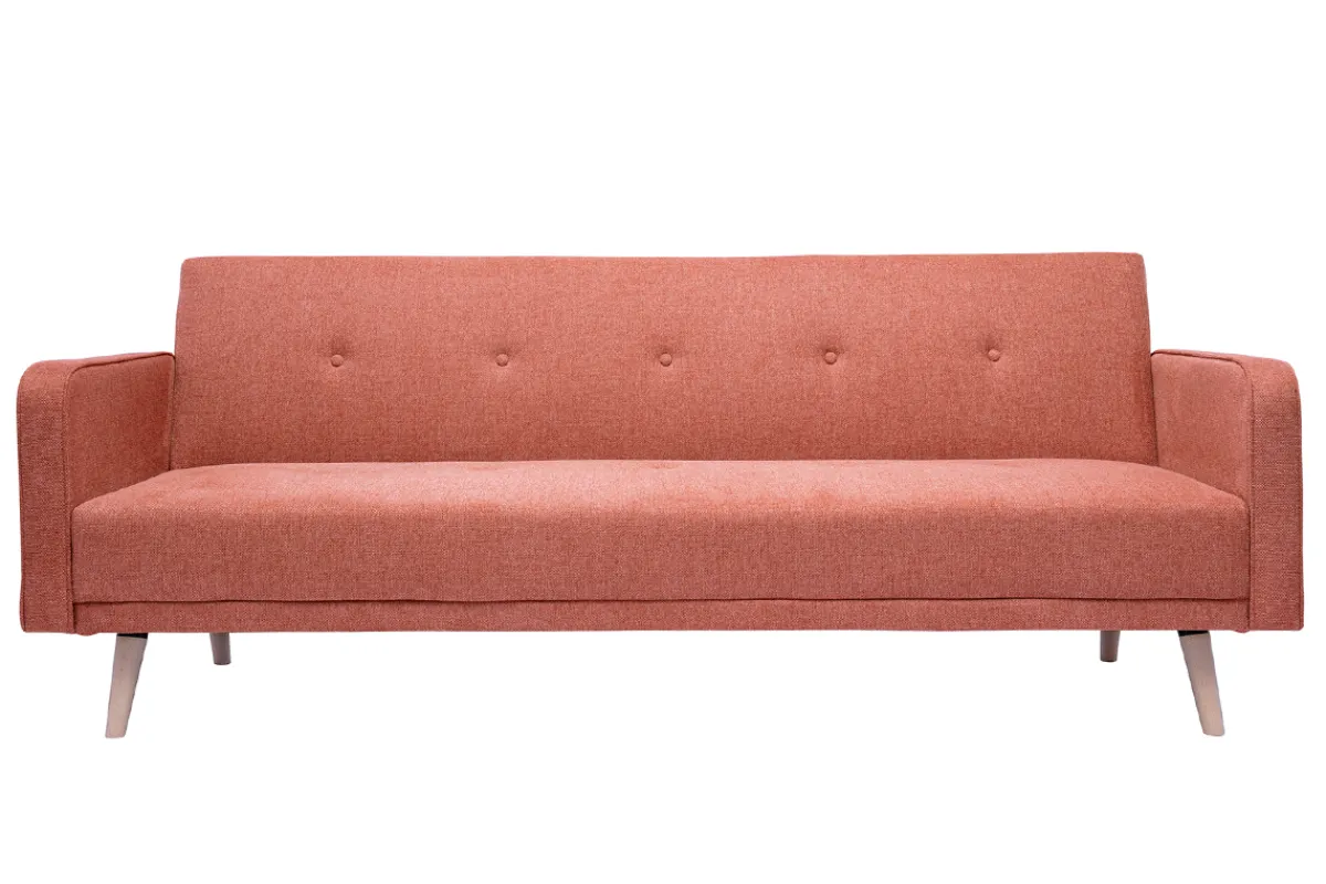 Miliboo Skandinavisches Schlafsofa aus terracottafarbenem Stoff mit Samteffekt und hellem Holz 3-Sitzer ULLA* Schlafsofas