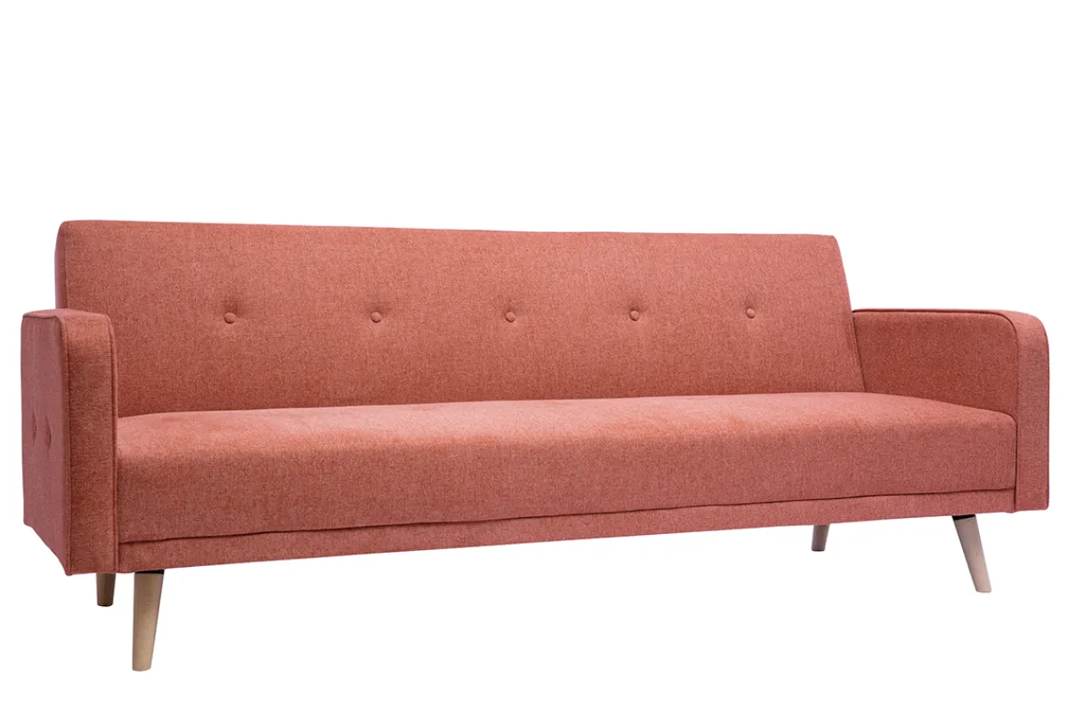 Miliboo Skandinavisches Schlafsofa aus terracottafarbenem Stoff mit Samteffekt und hellem Holz 3-Sitzer ULLA* Schlafsofas