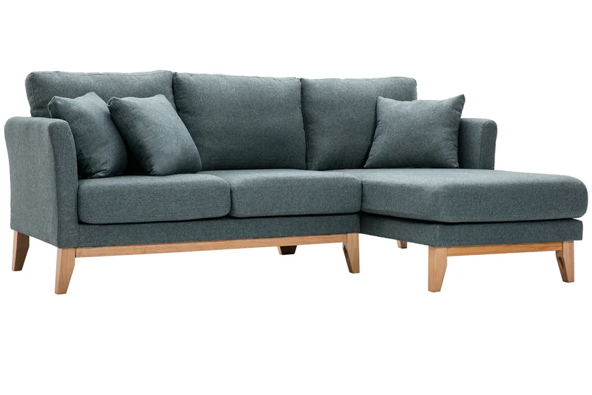 Miliboo Skandinavisches 4-Sitzer-Ecksofa rechtsseitig mit abziehbarem, graugrünem Stoff und hellem Holz OSLO* Ecksofas