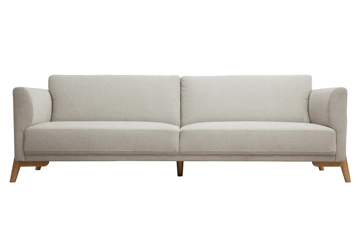 Miliboo Skandinavisches Sofa aus beigem Stoff mit Samteffekt und hellem Holz 4-Sitzer SINDRO* Design-sofas