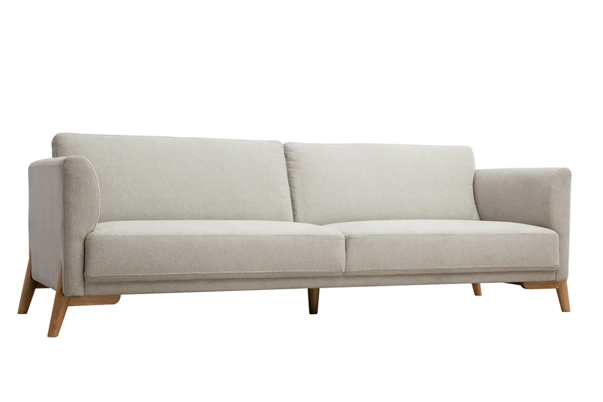 Miliboo Skandinavisches Sofa aus beigem Stoff mit Samteffekt und hellem Holz 4-Sitzer SINDRO* Design-sofas