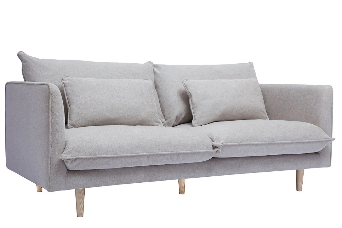 Miliboo Skandinavisches Sofa aus beigem Stoff mit Samteffekt und hellem Holz 3-Sitzer CLAYTON* Design-sofas