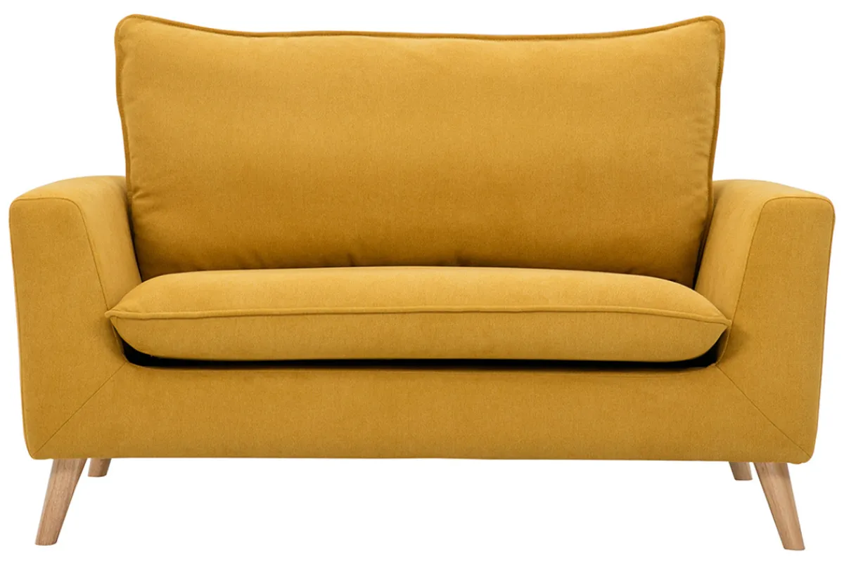 Miliboo Skandinavisches Sofa aus senfgelbem Stoff mit Samteffekt und hellem Holz 2-Sitzer JONAS* Design-sofas