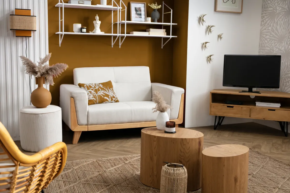 Miliboo Skandinavisches Sofa 2-Sitzer aus terracottafarbenem Stoff und hellem Holz FJORD* Design-sofas