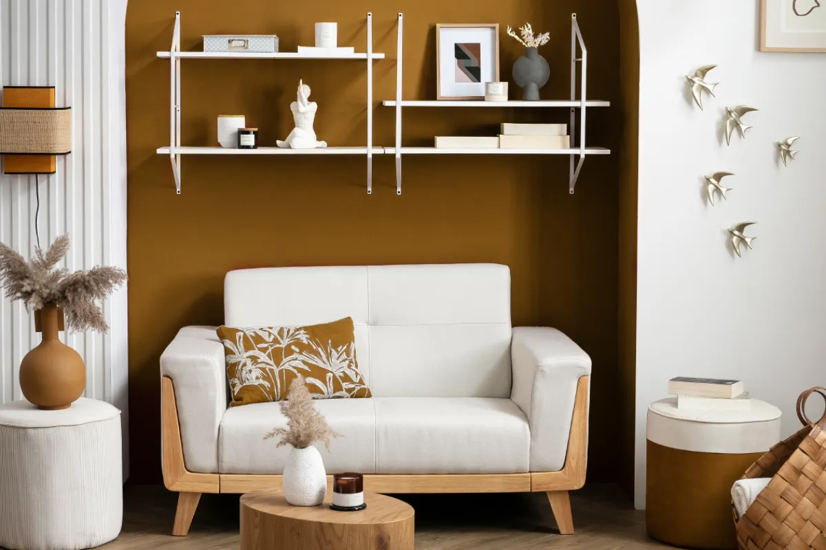 Miliboo Skandinavisches Sofa 2-Sitzer aus terracottafarbenem Stoff und hellem Holz FJORD* Design-sofas