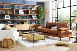 Miliboo Sofa aus Leder in Antikoptik in Cognacbraun und schwarzem Metall 3-Sitzer DORY* Ledersofas