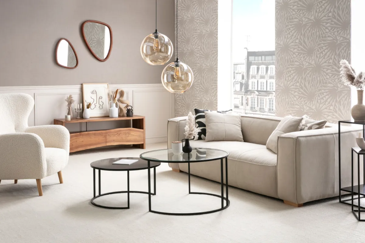 Miliboo Sofa aus naturfarbenem Stoff mit Samteffekt 3-Sitzer COBAIN* Design-sofas