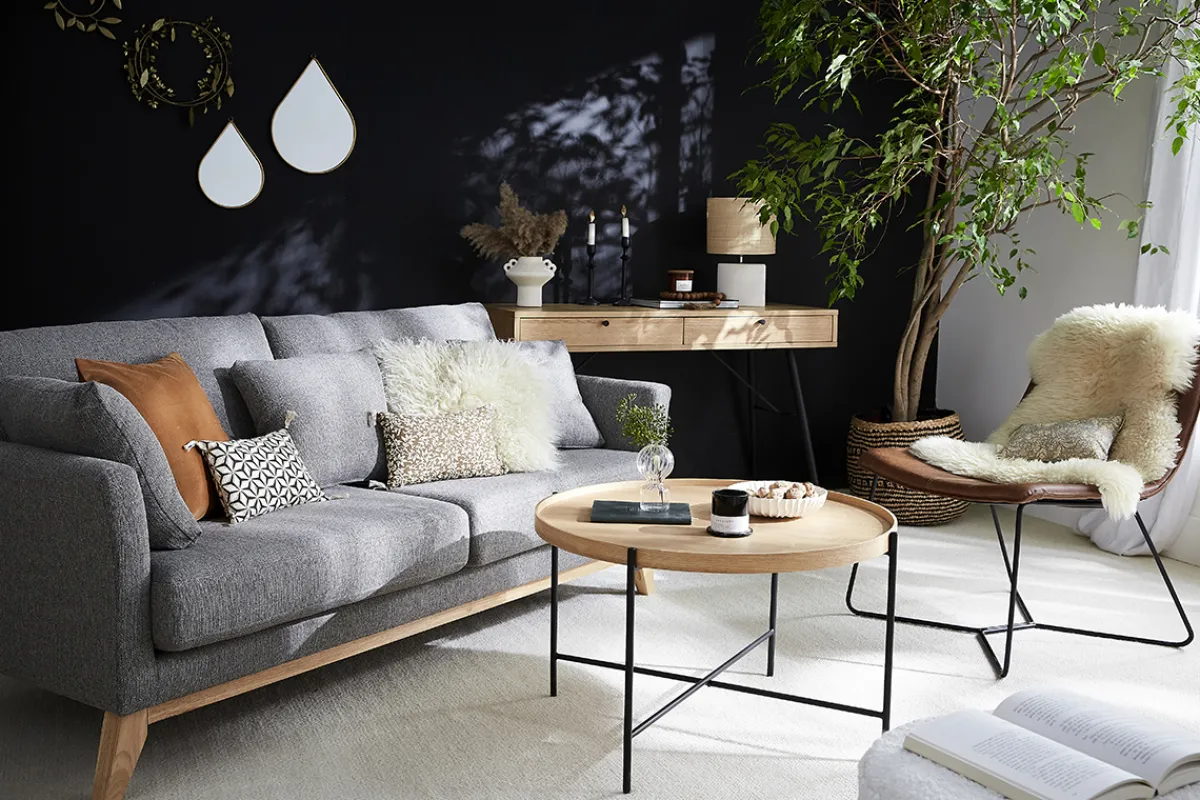 Miliboo Sofa skandinavisch 3 Plätze Dunkelgrau Holzbeine OSLO* Design-sofas