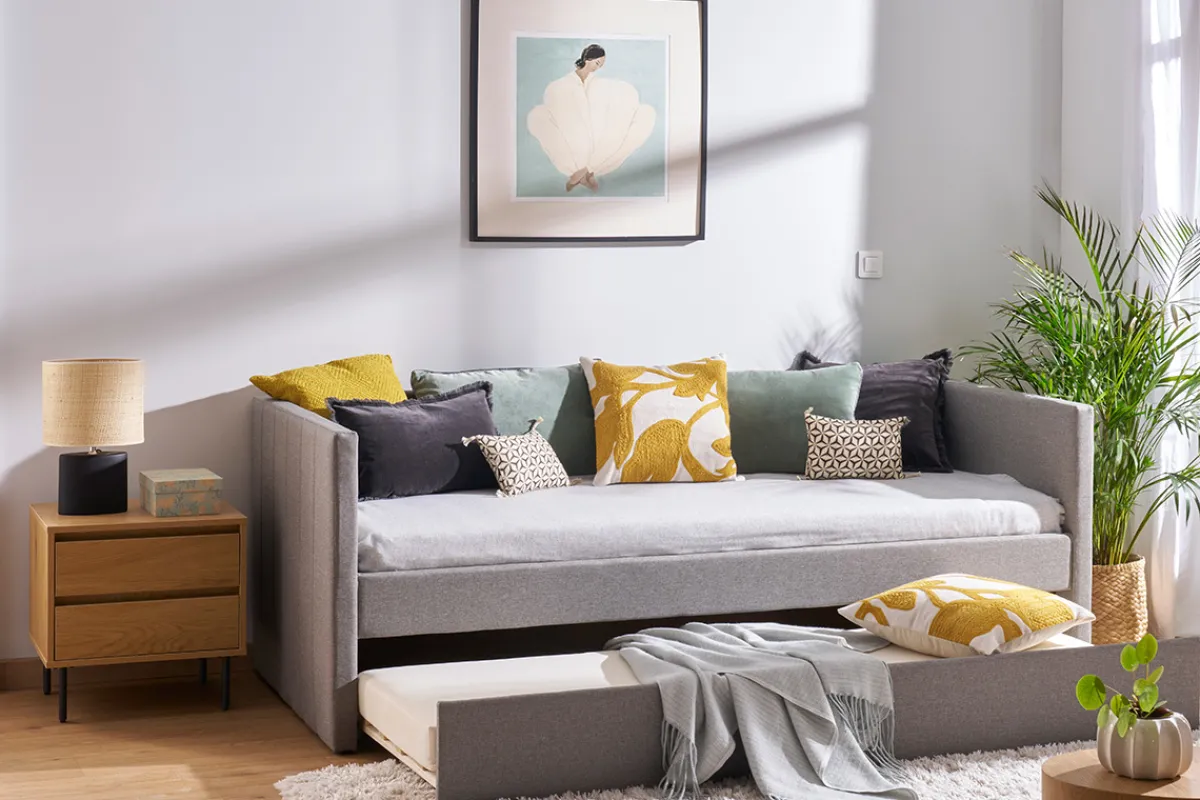 Miliboo Tagesbett mit Ausziehbett hellgrauer Stoff 90x195 cm ELIE*Kinder Betten Für Erwachsene|Kinderbetten