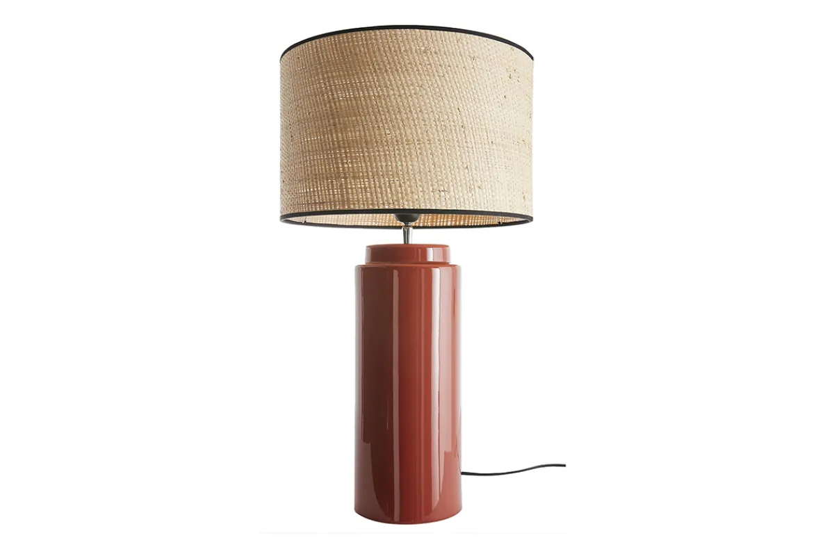 Miliboo Tischleuchte aus emaillierter Keramik in Terracotta mit Lampenschirm aus naturfarbenem Bast H64 cm MAJES* Tischlampe|Tischlampe