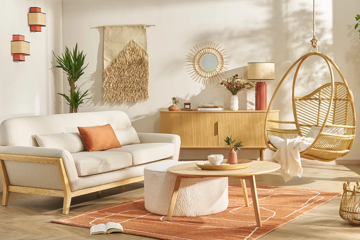 Miliboo Tischleuchte aus emaillierter Keramik in Terracotta mit Lampenschirm aus naturfarbenem Bast H64 cm MAJES* Tischlampe|Tischlampe