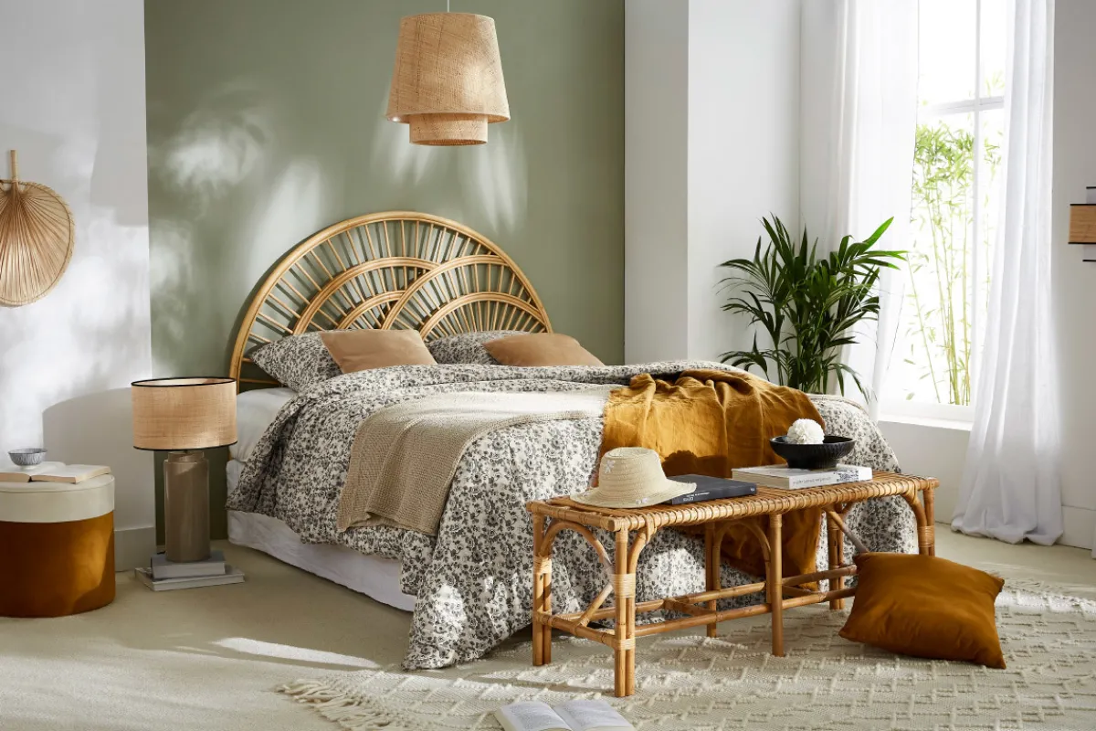 Miliboo Tischleuchte aus emaillierter Keramik in Beige mit Lampenschirm aus Bast MAJES* Tischlampe|Tischlampe