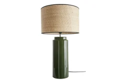 Miliboo Tischleuchte aus emaillierter Keramik in Grün mit Lampenschirm aus naturfarbenem Bast H64 cm MAJES* Tischlampe|Tischlampe