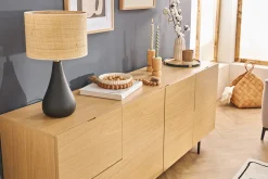 Miliboo Tischleuchte aus emaillierter Keramik in Schwarz mit Lampenschirm aus Bast H49 cm PYRUS* Tischlampe|Tischlampe